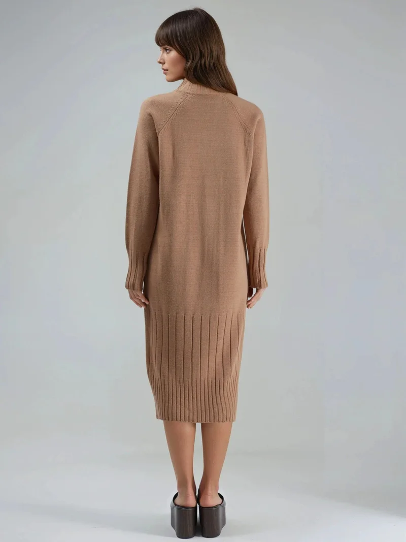 MY FASHION Camel Brown MY FASHION Half Turtleneck Midi Knitwear Dress for Women | Best Price UAE
